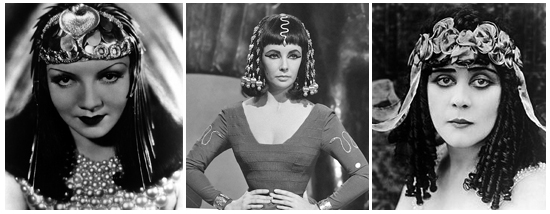 Claudette Colbert, Elizabeth Taylor e Theda Bara interpretando Cleópatra.